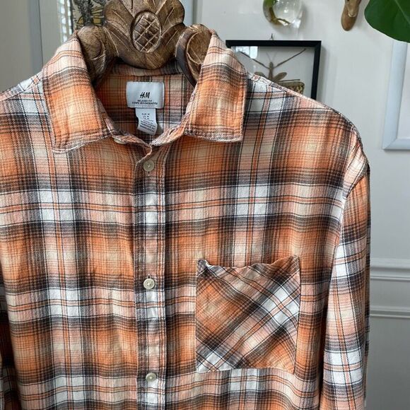 H&M Orange Plaid Flannel 100% Cotton Button Up Shirt M - Picture 1 of 7